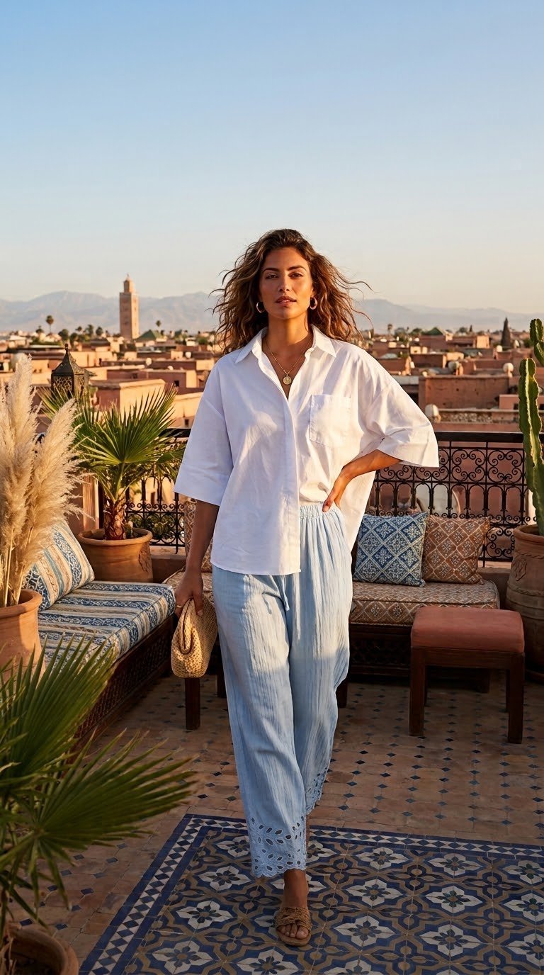 Terrasse, matin — Chemise oversize, pantalon en gaze brodé