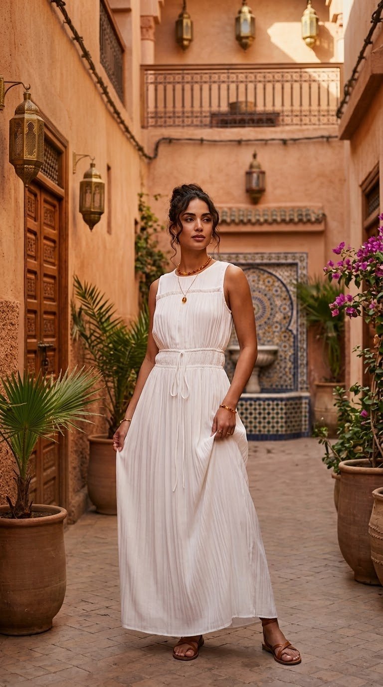 Fin de journée — Robe longue blanche plissée